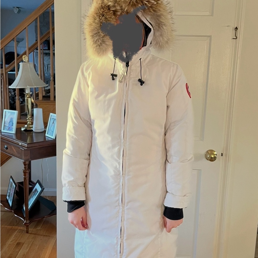 Canada Goose White Hooded Parka with Fur Trim - missing the belt